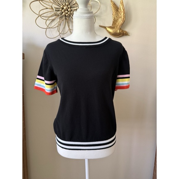 THML Sweaters - THML Black Knit Sweater Top Rainbow Stripe Sleeve Cuffs Women's Small Preppy